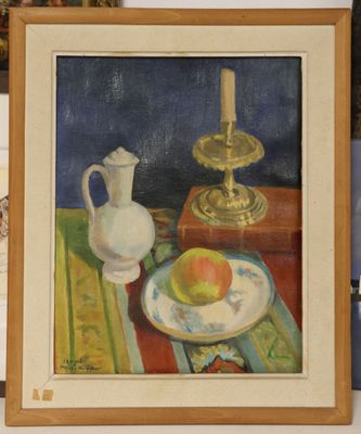a picture of a painting of an apple and a teapot on a table