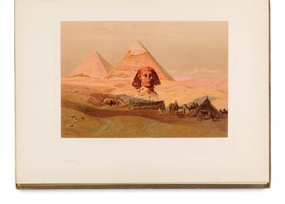 an old picture of a painting of a pyramid with a sphinx in the background