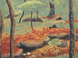 une image représentant un tableau d'une forêt avec des arbres et des rochers