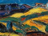 un tableau représentant un champ jaune avec un ciel bleu en arrière-plan
