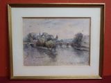 an image of a watercolor painting of a river with buildings in the background