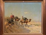 an oil painting of a group of people riding camels down a dirt road