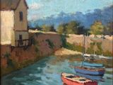 tableau représentant des bateaux sur une rivière, avec une maison en arrière-plan