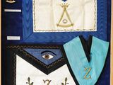 an image of a blue and white masonic apron with masonic symbols on it