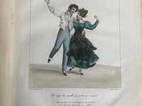 an open book with a drawing of a man and a woman dancing