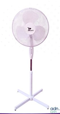 the white fan is on a stand on a white background