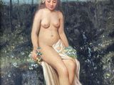 painting of a naked woman sitting on a ledge with flowers