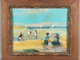une peinture à l'huile représentant des personnes sur la plage, au bord de l'océan