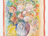 painting of a vase of flowers on a table with a yellow background