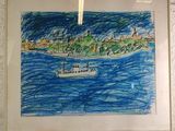 drawing of a boat in a body of water with a small island in the background