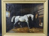 une peinture à l'huile représentant un cheval blanc dans une écurie, avec du foin