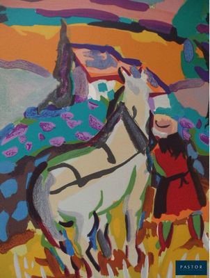 un tableau représentant une femme et un cheval dans un champ
