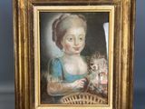 un vieux tableau représentant une femme tenant un panier et un chat