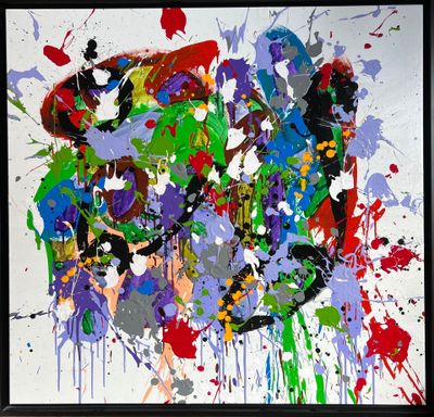 abstract painting of colorful paint splatters on a white background