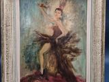 an oil painting of a woman in a dress on a easel