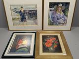 trois photos encadrées représentant une femme portant un chapeau et une femme avec un oiseau