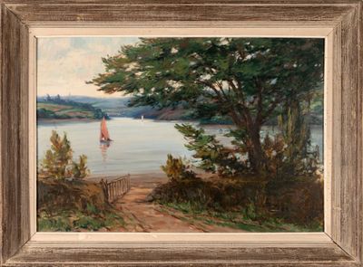 a painting of a sailboat on the water by a tree
