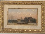 une image représentant un tableau d'une ville avec un pont en arrière-plan