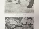 two drawings of boats in the water and a boat in the water