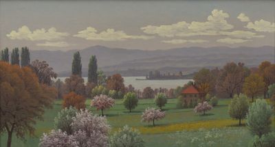 painting of a view of a lake and a field with trees in the foreground