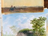 two paintings of a man riding a horse on a river