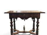 an old wooden table with a marble top on a white background