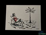 a drawing of a woman sitting in a chair under a palm tree