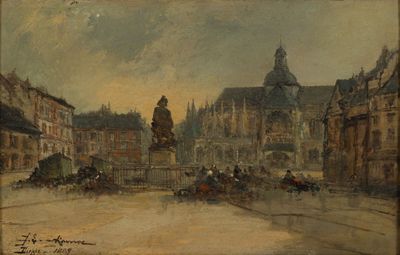 painting of a painting of a city square with a clock tower in the background