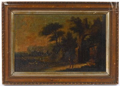 an oil painting of a landscape with trees and a man in the distance