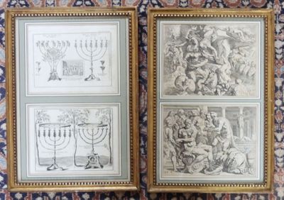 two framed drawings of menorah and menorah on a wall