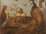 un vieux tableau représentant un groupe d'oiseaux dans un champ