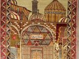 an old rug with a picture of a building on it