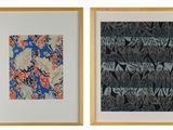 two framed prints of leaves and flowers on a white background