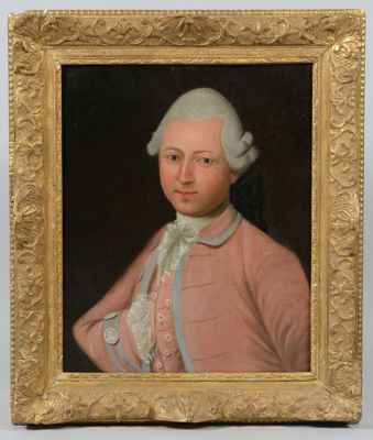 portrait d'un homme vêtu d'un manteau rose et aux cheveux blancs