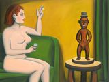 tableau représentant une femme assise sur un canapé vert à côté d'une statue