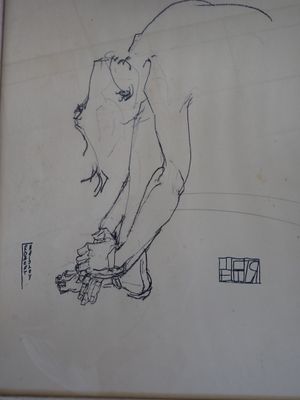 un dessin représentant un homme sur un skateboard accroché au mur