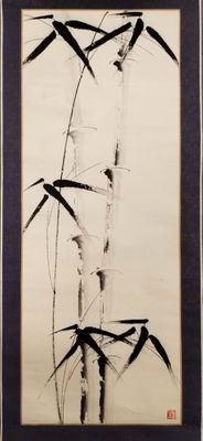 une image représentant un tableau de bambous avec des oiseaux dans le ciel