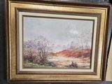 un tableau représentant un paysage avec des arbres et des buissons, dans un cadre doré