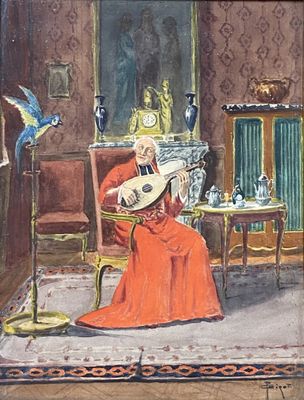 a painting of a man playing a guitar in a room