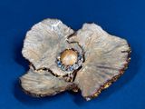 a flower brooch with a pearl in it on a blue surface