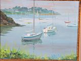 a painting of boats floating in the water on the shore