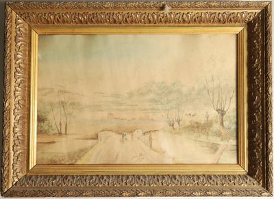 un tableau représentant un paysage avec une route au premier plan
