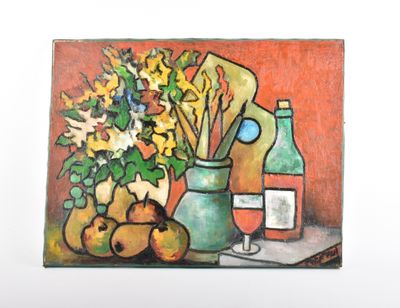 un tableau représentant un vase de fleurs et une bouteille de vin