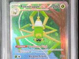 La carte Pokémon se trouve dans un étui en plastique posé sur une surface noire.