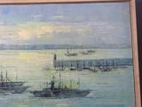 a painting of a harbor scene with boats in the water