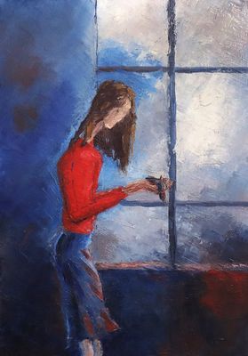 tableau représentant une femme debout devant une fenêtre, regardant à l'extérieur