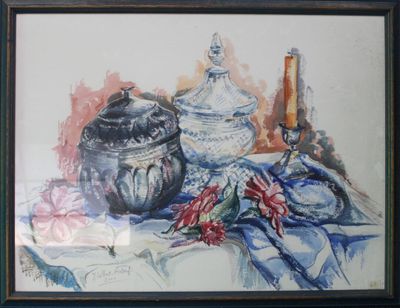 une peinture représentant une nature morte avec un vase et une bougie