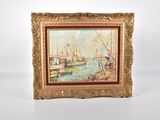 an oil painting of a harbor scene with boats on the water