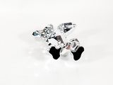 pair of black and white bow earrings with clear crystals on a white background