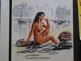 a picture of a painting of a man on a surfboard